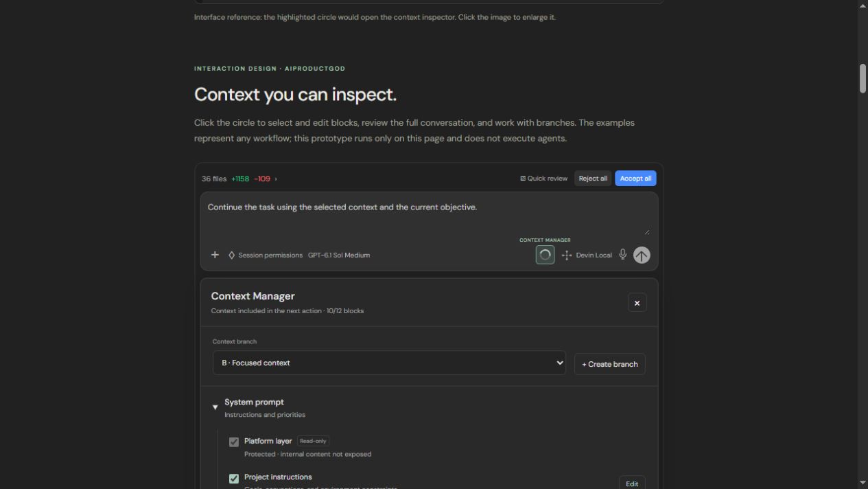 Dark composer with the Context Manager circle active and branch B selected.