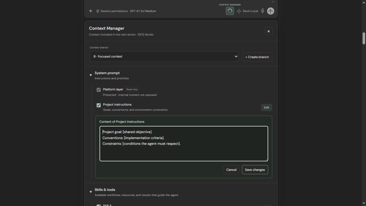 System prompt group with a protected platform layer and the project instructions editor open.