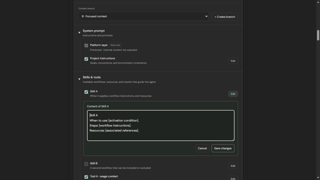 Skill A included with its editor open, and Skill B excluded through the checklist.